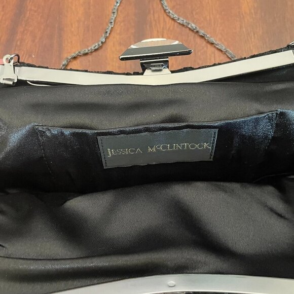 Jessica McClintock Black Lace Rhinestone Clasp Shoulder Clutch Bag 12" x 4" - Picture 5 of 5